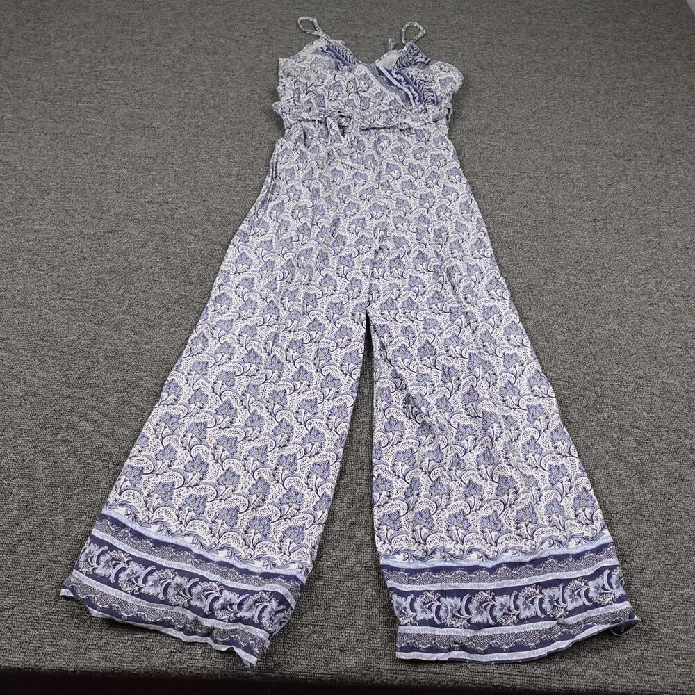 Japna Jumpsuit Womens Medium Blue Floral Lace Trim Wide Leg Boho Summer Casual